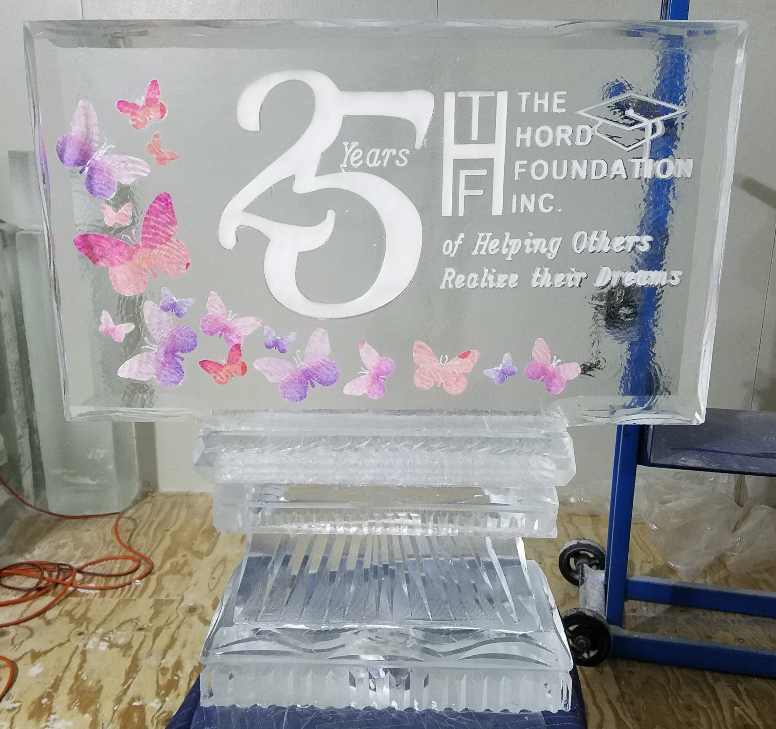 25th anniversary floral engraved ice sculpture