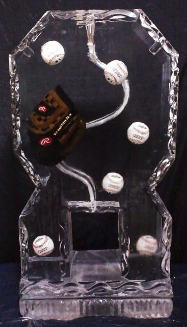 Baseball-themed engraved ice sculpture