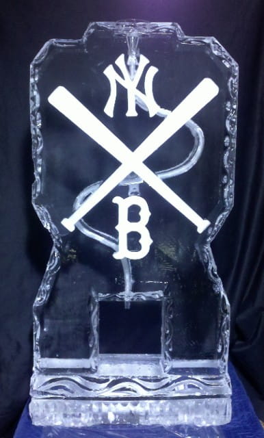 Crossed baseball bats and monogram ice sculpture
