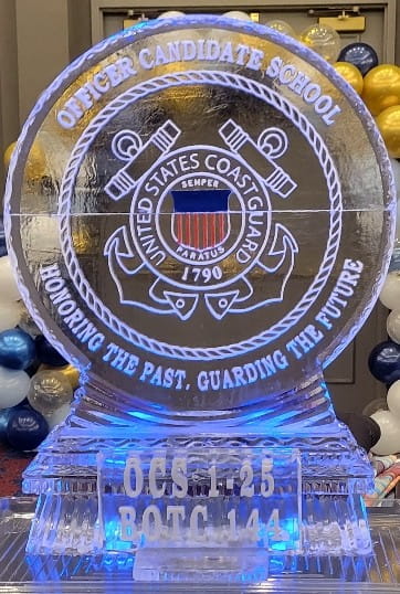 Intricate custom organizational round crest ice sculpture