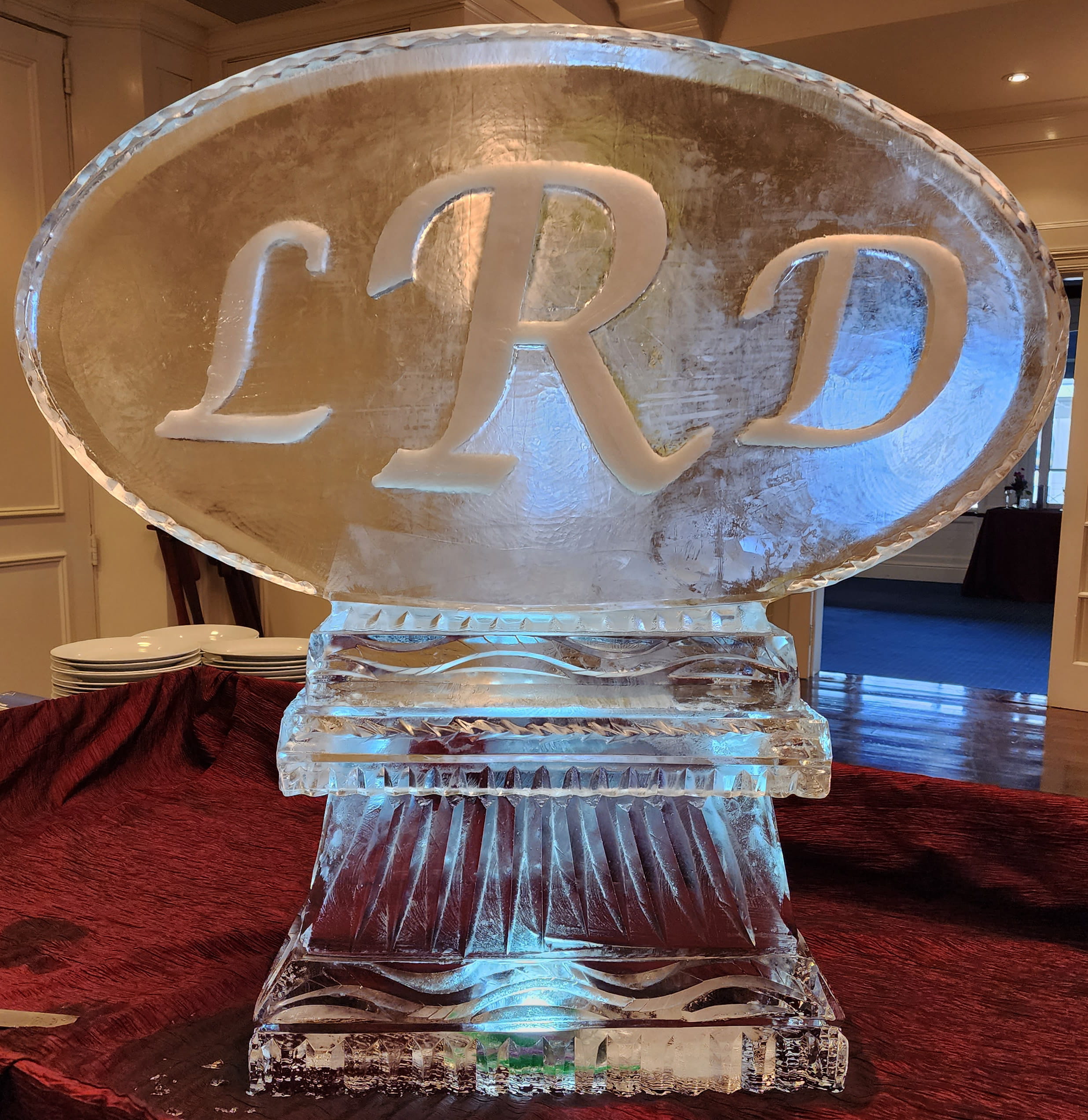 Elegant LRD monogram custom ice sculpture for a wedding reception