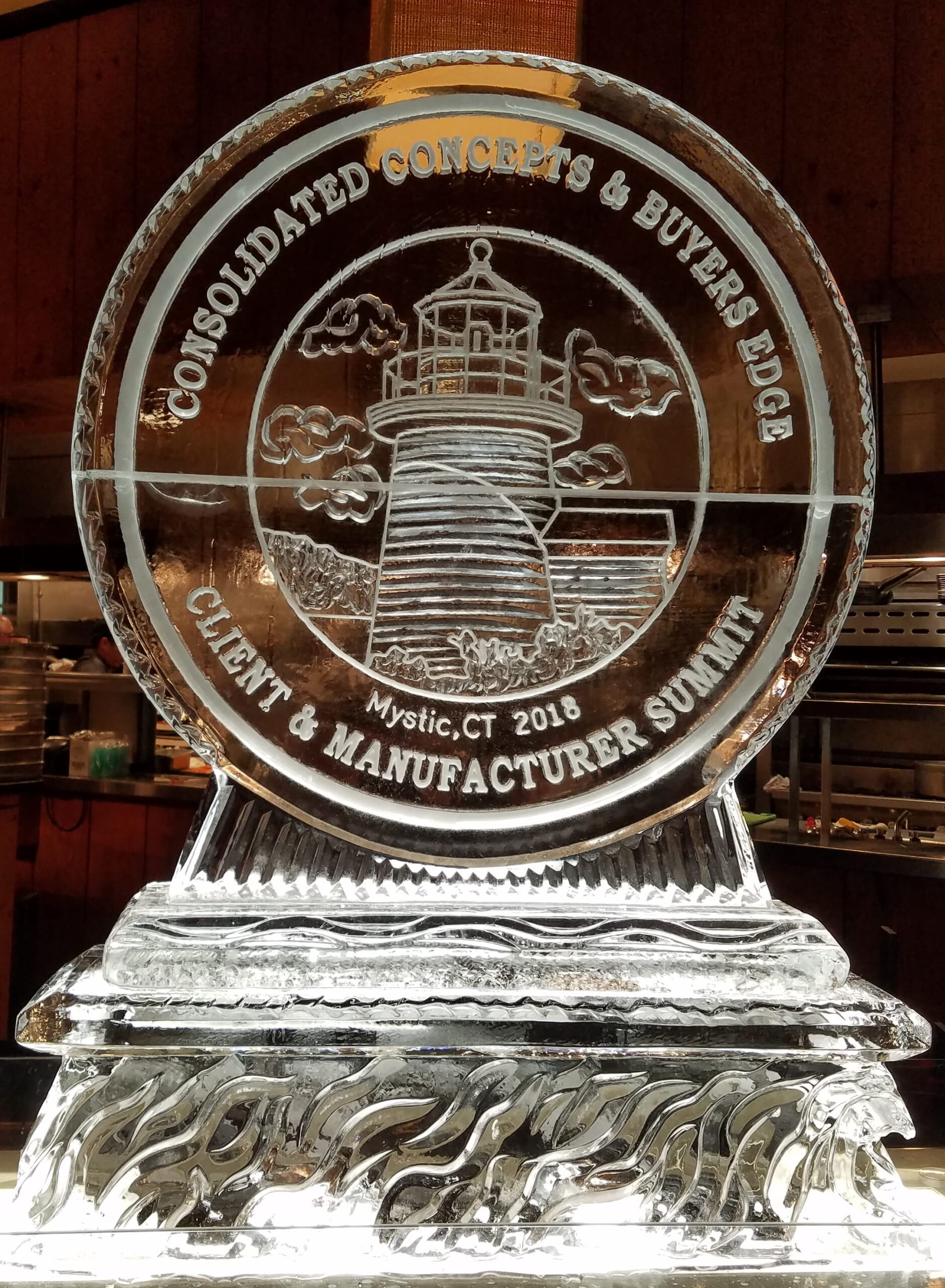 Detailed circular seal ice carving for an industry council summit