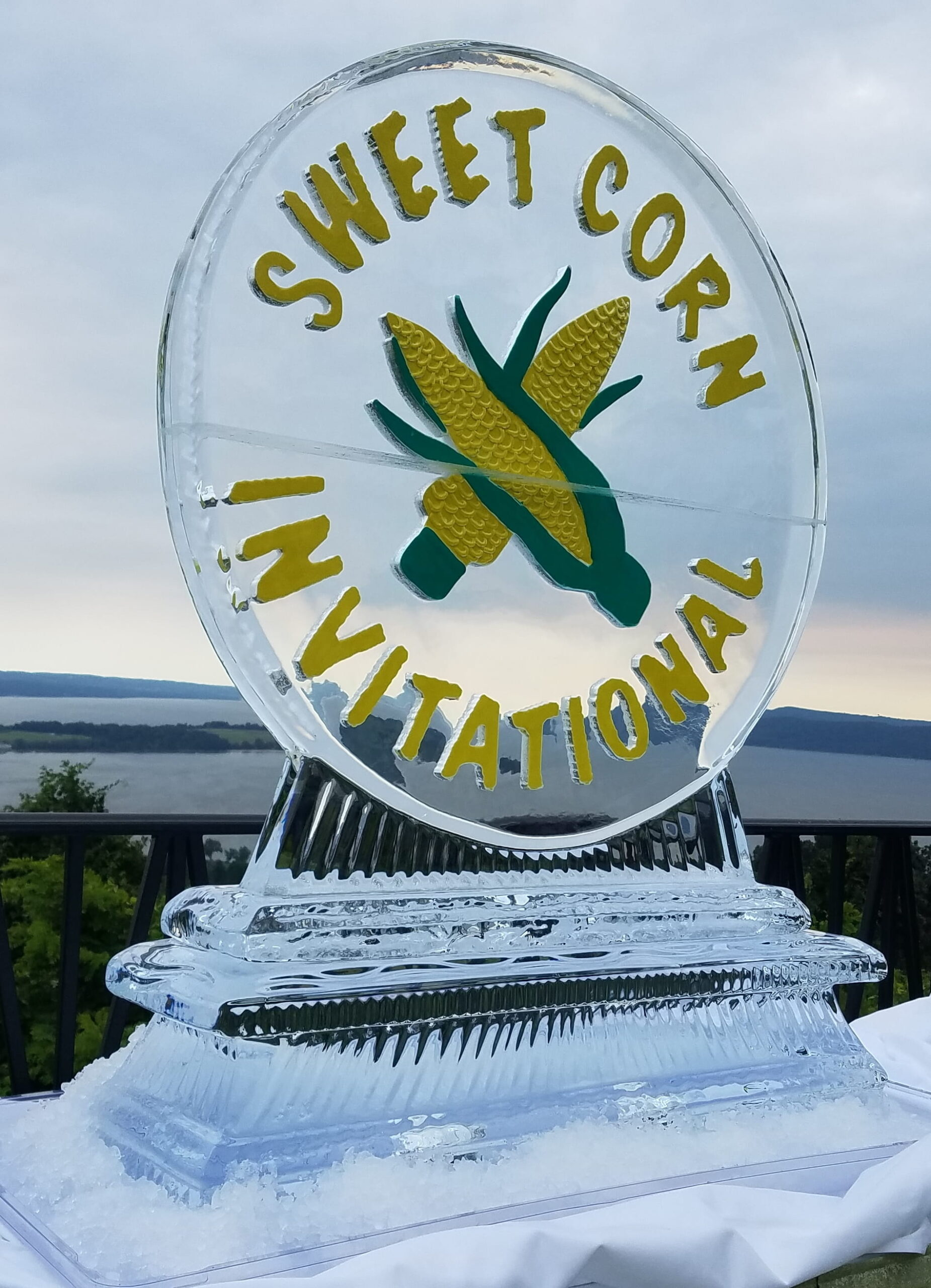Sweet Corn Invitational custom event logo ice sculpture with corn graphic