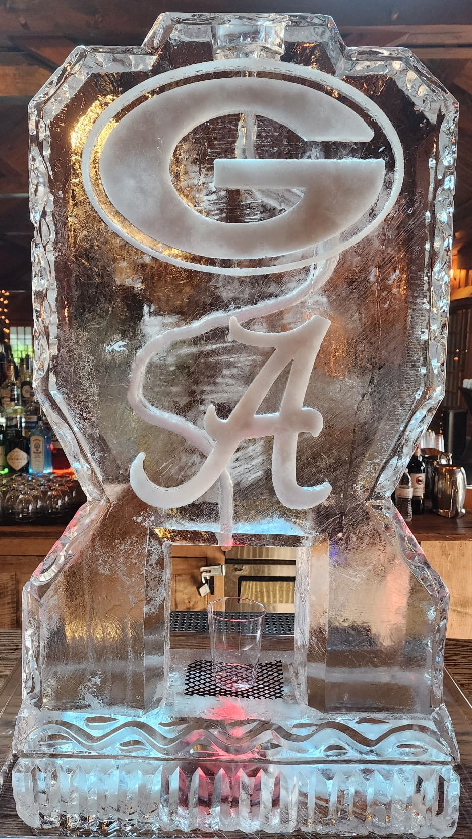 Script letter A engraved ice sculpture