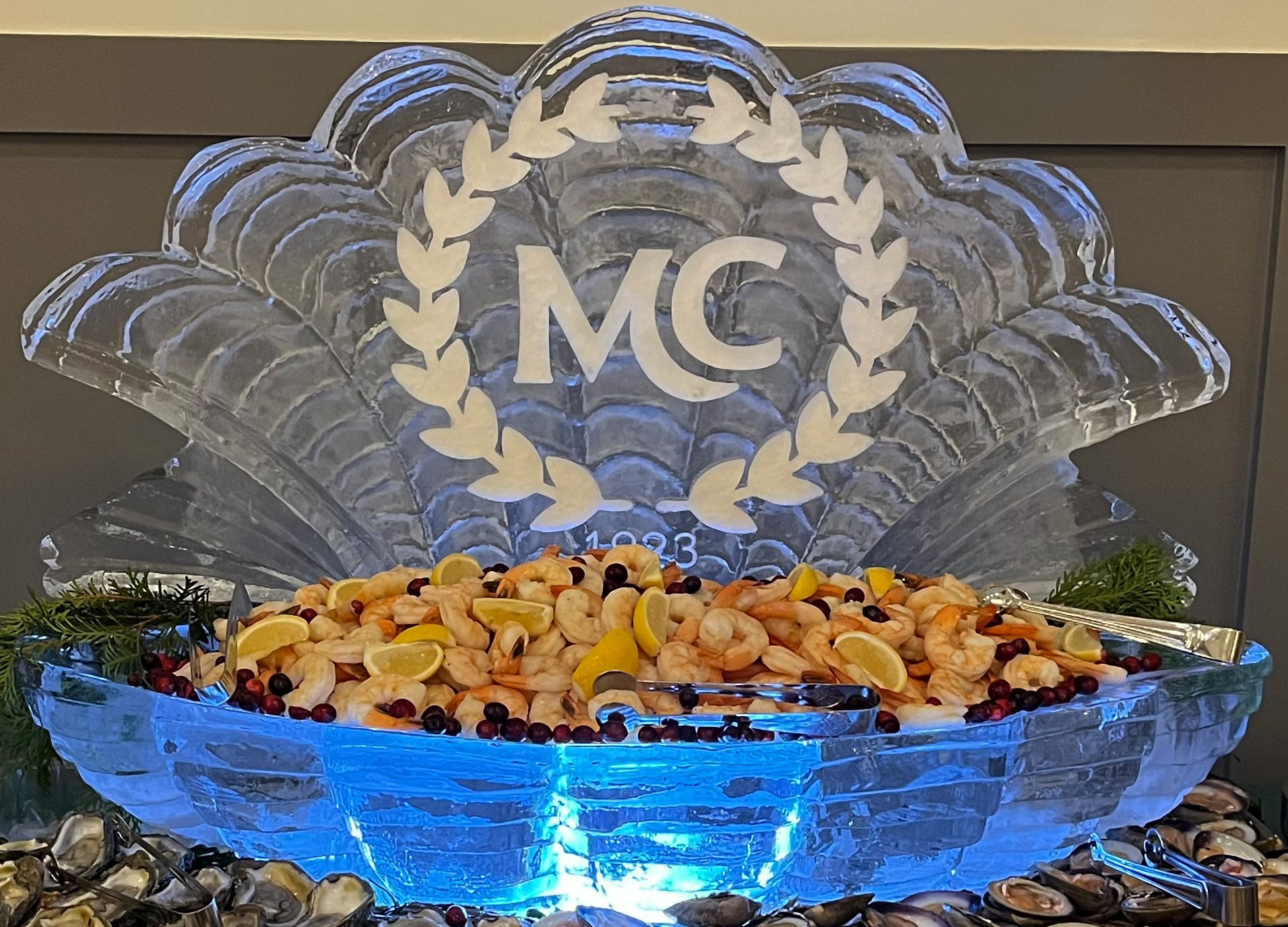 MC monogram engraved ice sculpture