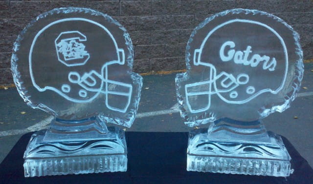Football rivalry engraved ice sculpture