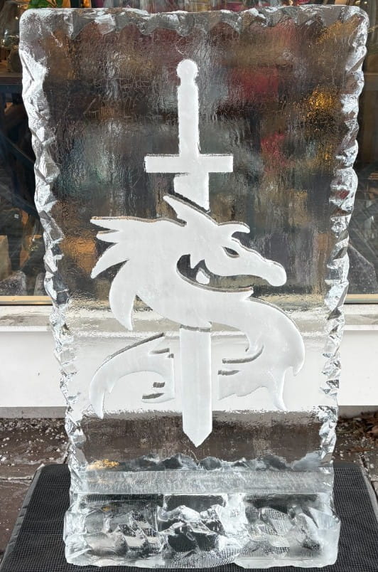 Cross and dove engraved ice sculpture