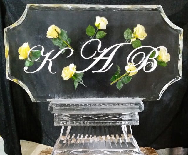 Floral monogram KAB engraved ice sculpture