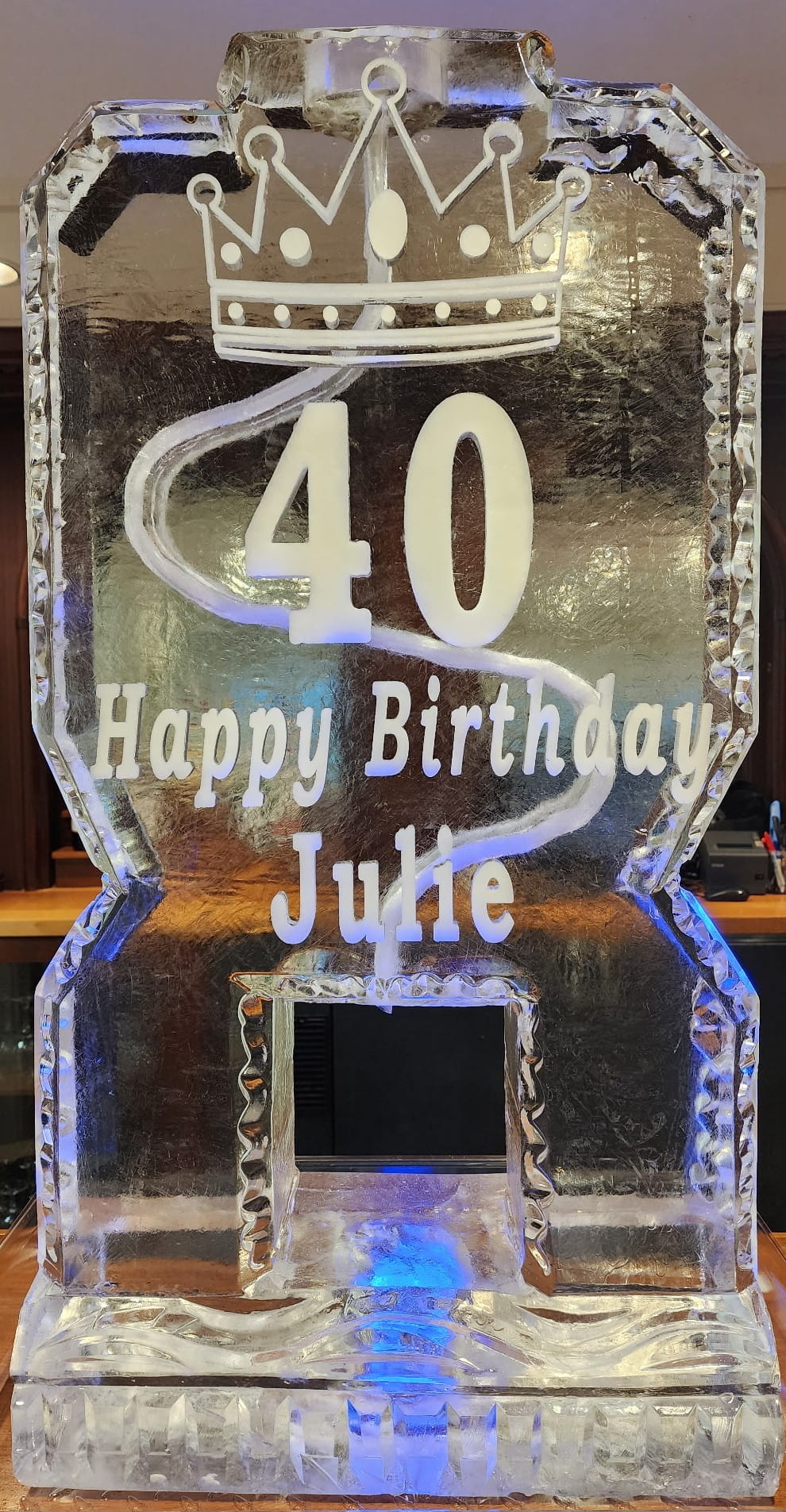 Happy 40th Birthday Julie ice sculpture