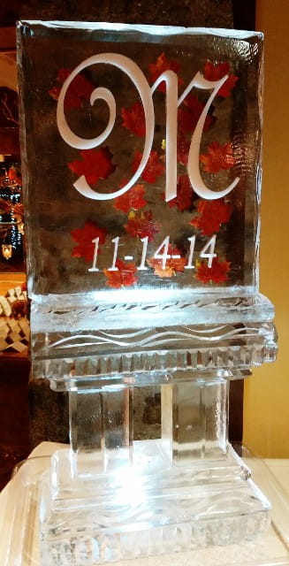 Silk Leaves Frozen into block with snowfilled initial and date