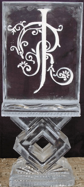 Elegant script monogram R engraved ice sculpture