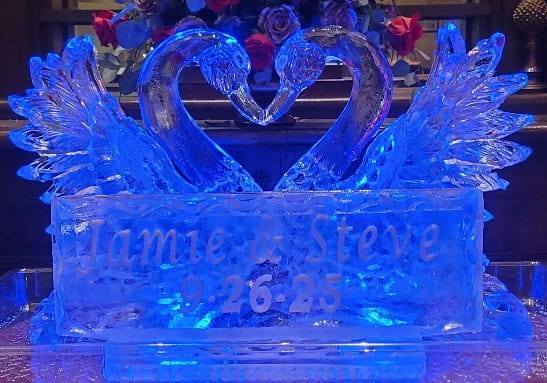 Jamie and Steve custom wedding ice sculpture glowing with blue LED lights