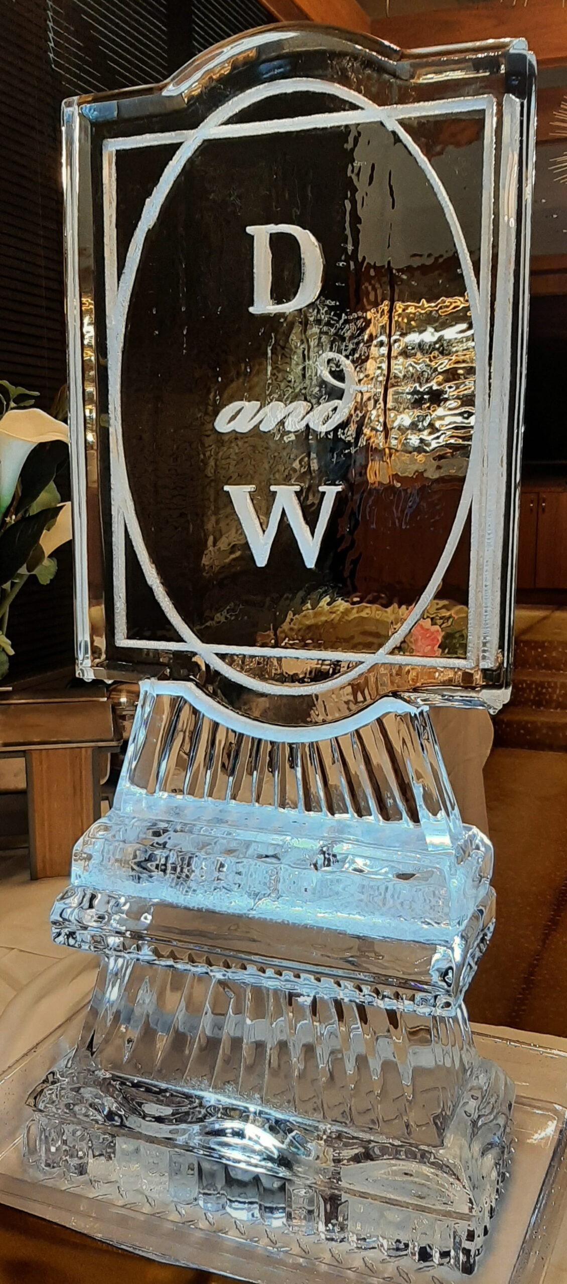 Personalized monogram W engraved ice sculpture