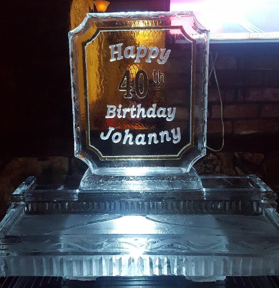 Happy Birthday Johnny engraved ice sculpture
