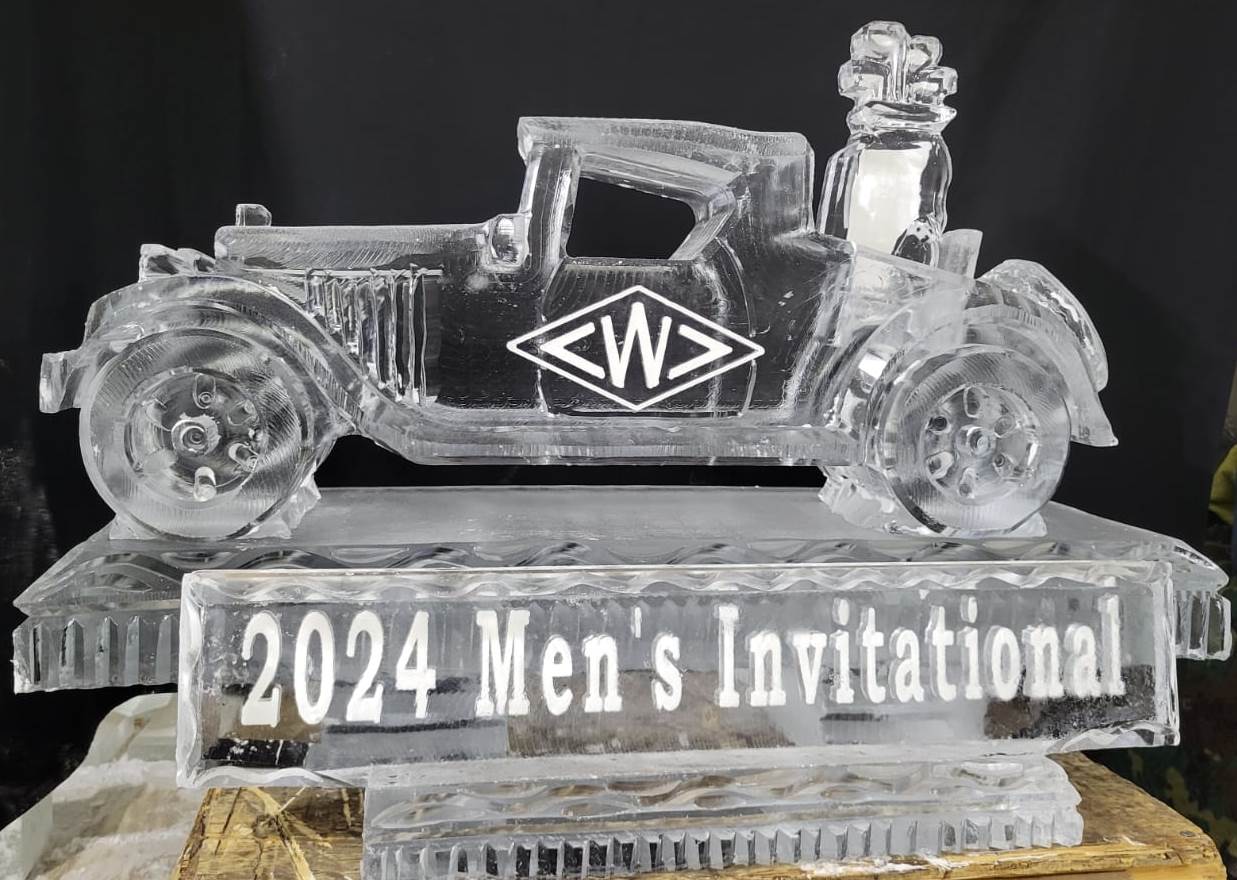 2024 Men's Invitation vintage car ice sculpture with intricate wheel detailing