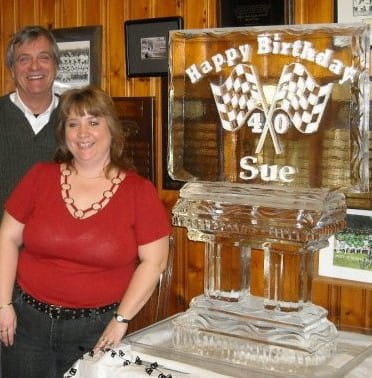 Personalized birthday ice sculpture with checkered flag design for Sue