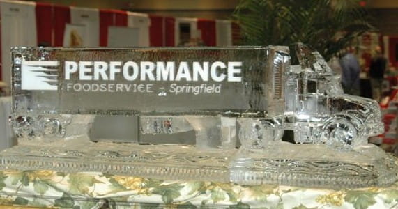 Performance Foodservice branded horizontal corporate ice block display