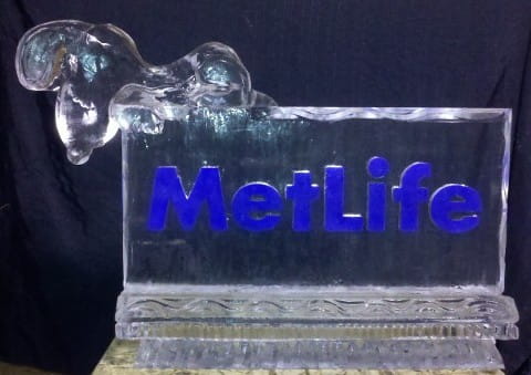 MetLife custom corporate logo block ice sculpture glowing with blue LED lights
