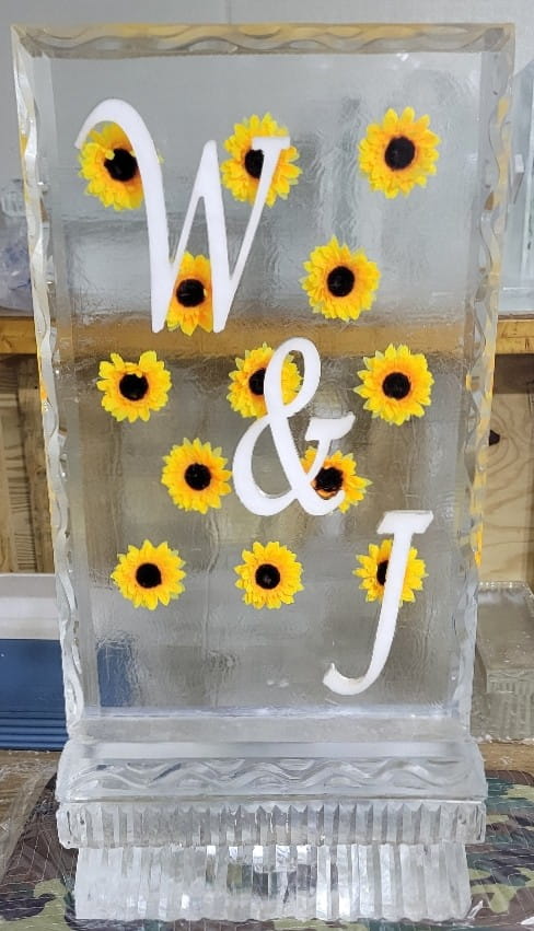 Sunflower and ampersand personalized ice sculpture