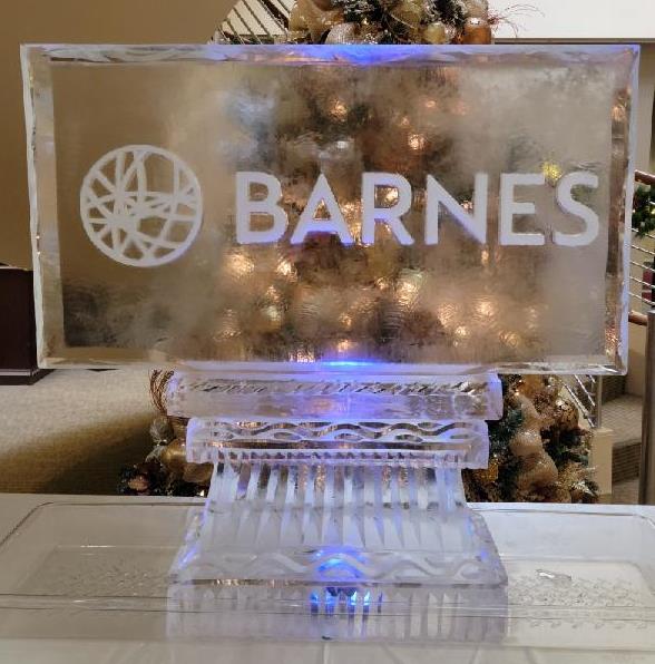 Barnes corporate brand horizontal logo clear ice sculpture block