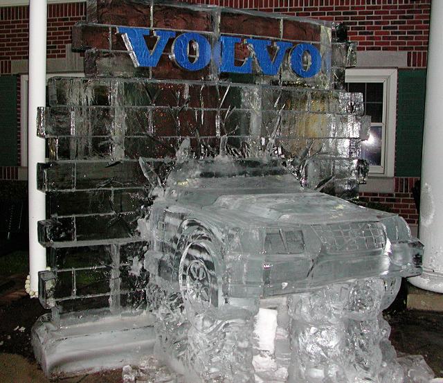 Volvo corporate logo custom block ice sculpture displayed outdoors in winter